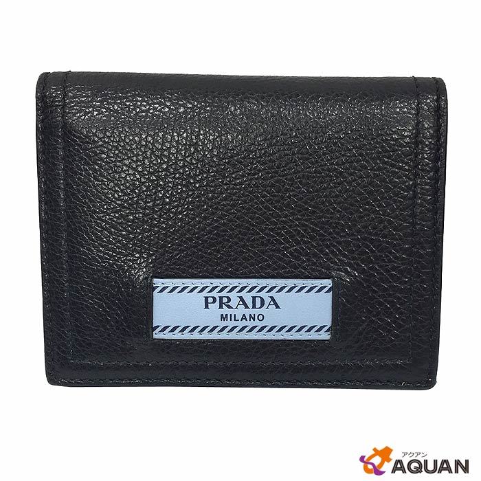 セール PRADA 1MV204 プラダ 折財布 ミニ財布 レザー ブラック 黒 ギャランティカード付き 美品 aq3177