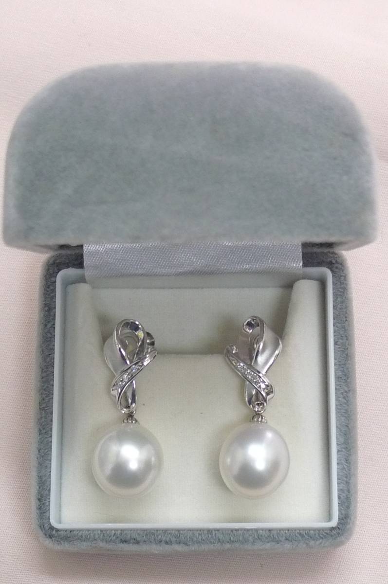 未使用品】 【中古品】14㎜玉パールイヤリング 0.03ct K14WG Pt900
