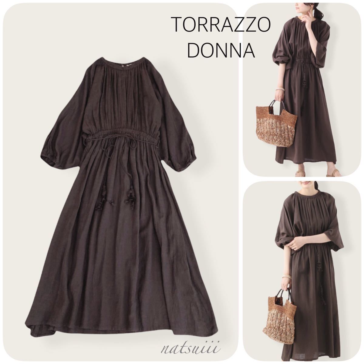 TORRAZZO DONNA . リネン ブレンド フロント ギャザー ワンピース 送料無料_画像1