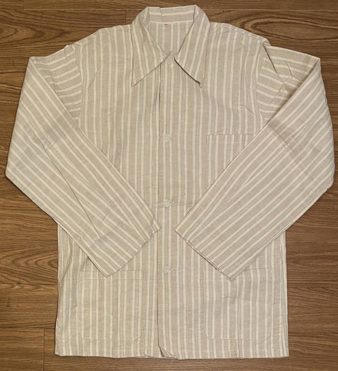 デッドストック60sユーロ実物ビンテージ軍パジャマシャツジャケット/カバーオールMストライプ柄ネル起毛コットン60年代デッド欧ミリタリー