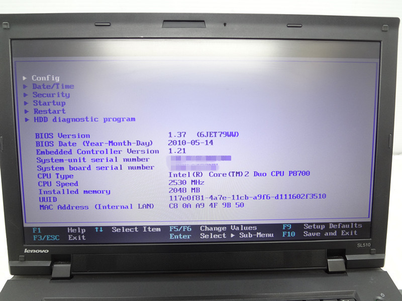 【ジャンク品】lenovo Thinkpad SL510 BIOS確認済み/core 2 DUO P8700 2.53GHz/HDD 無/メモリ 2GB/DVDマルチ/15.6インチ　_画像2