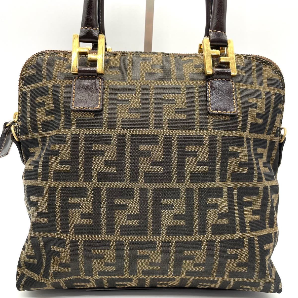 美品 FENDI フェンディ レザー ショルダー キャンバス ズッカ柄 茶