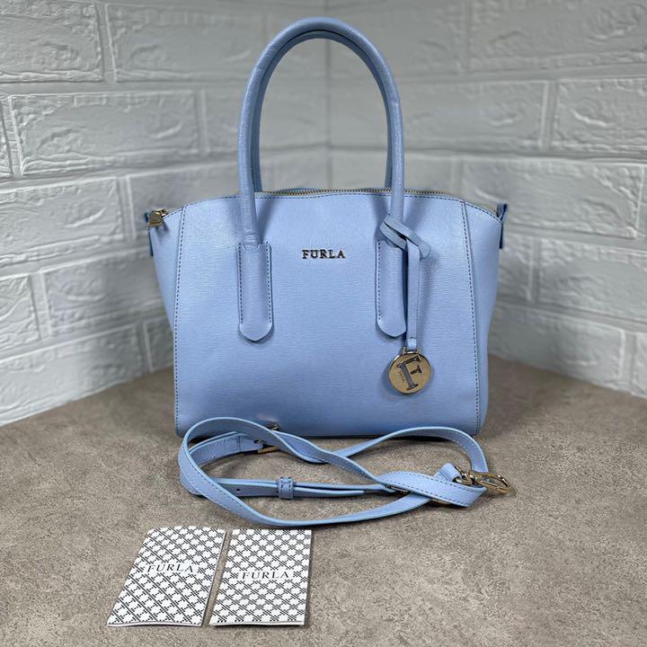 新品 FURLA フルラ ハンド バッグ サリー ブルー 水色 レザー ゴールド
