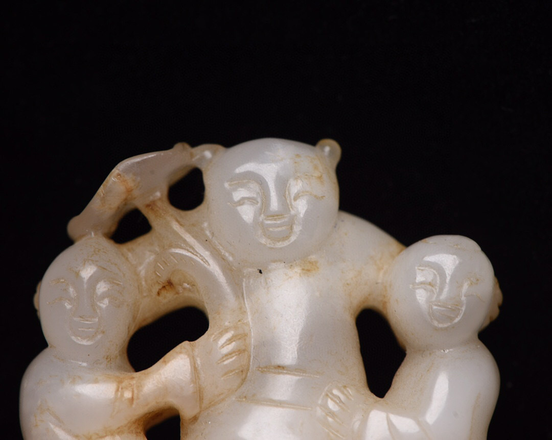 超珍館蔵 和田玉製 透空彫 童子玉牌 置物 古賞物 古美術品 中国時代 