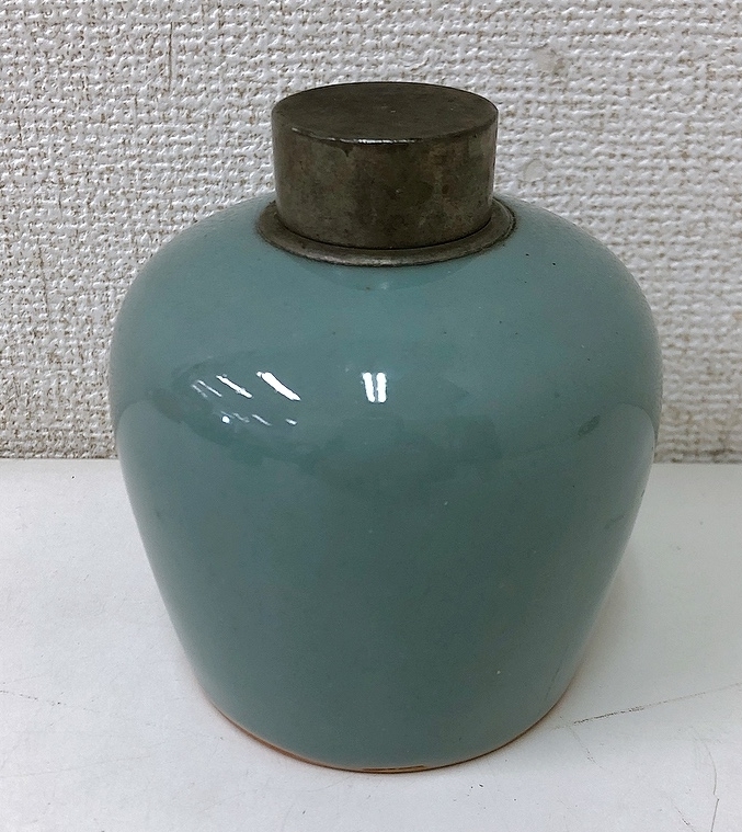 青磁 錫蓋 茶心壺 茶壺 茶入】煎茶道具/茶道具/時代物/骨董/高さ約11cm