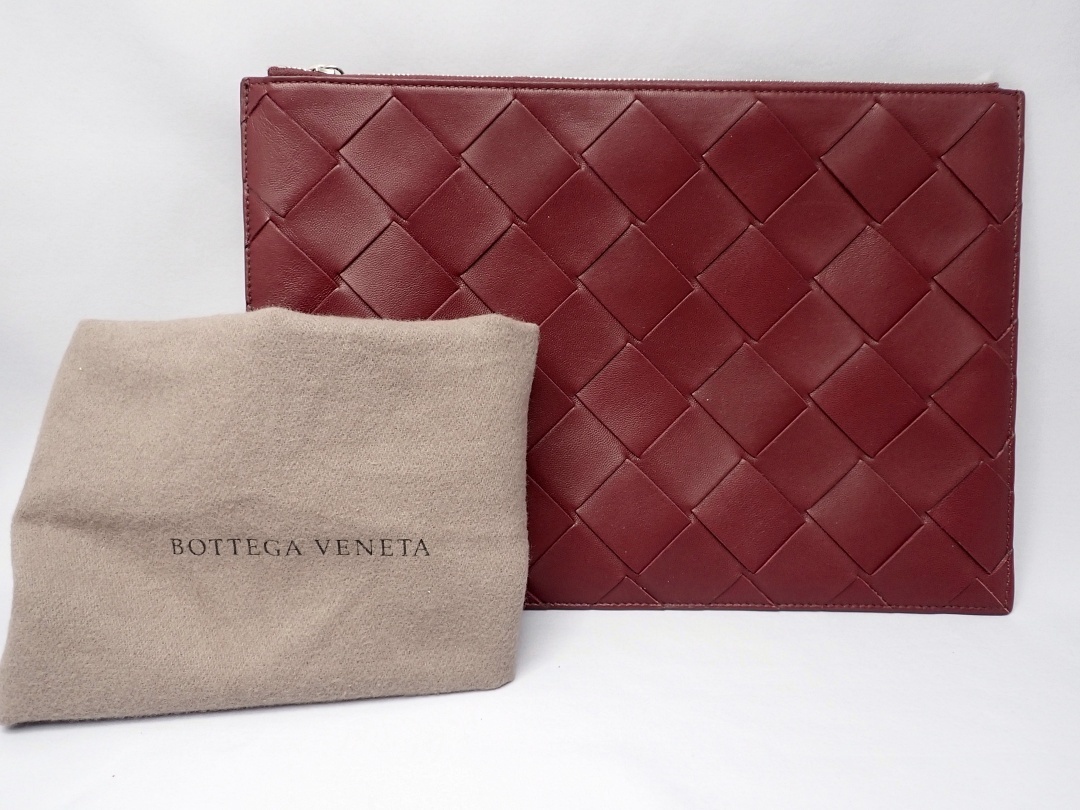 BOTTEGA VENETA ボッテガ ヴェネタ マキシイントレチャート ラージポーチ クラッチバッグ ボルドー 中古A 【送料無料】 A-7459_画像2