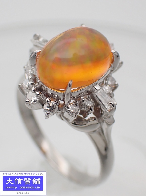 PT900 プラチナ ダイヤ ファイアオパール リング 2.22ct D0.38ct 14号 6.6g 中古A- 【送料無料】 C-8407_画像1