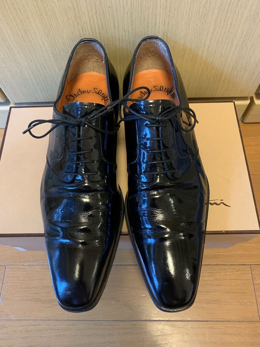 正規 SANTONI サントーニ エナメル パテントレザー プレーントゥ ドレスシューズ 黒 6