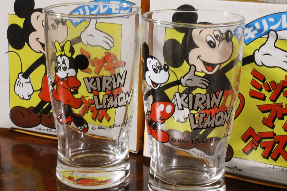 昭和レトロ 非売品　Disney ミッキーマウス &ミニーマウス 2箱4個セット KIRINレモン ペアグラス ノベルティ 当時物 _画像2