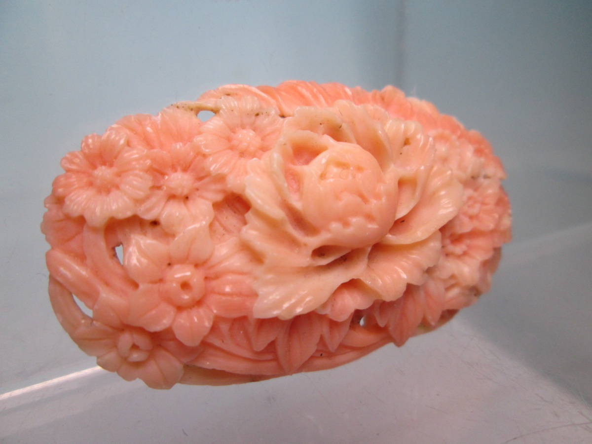 ☆アンティーク・本珊瑚 血赤珊瑚ルース＆菊花と牡丹彫刻の彫り物 18,88g_画像4