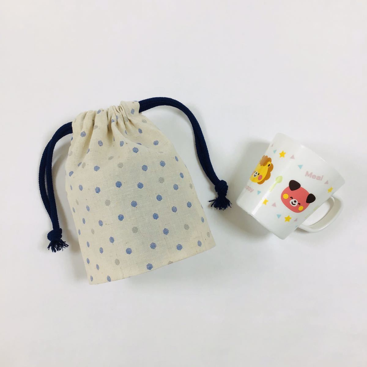 【即決】ハンドメイド マチ付き巾着 水玉 ドット リネン コップ袋