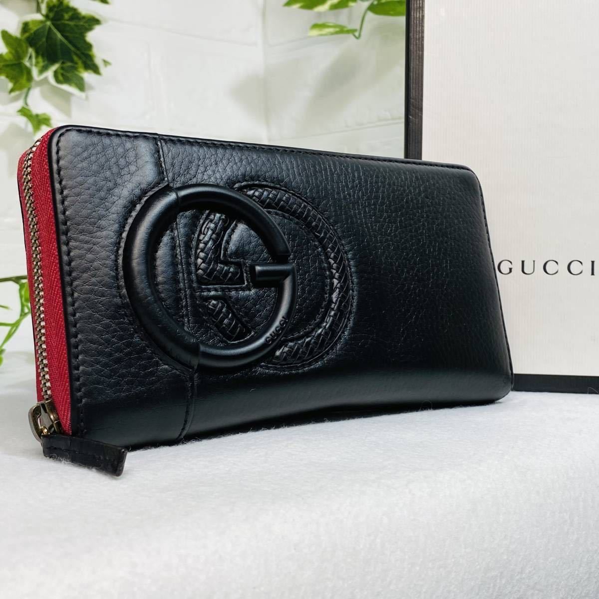 人気定番 カーフ 【極美品】 極美品〕GUCCI GUCCI グッチ インターロッキング ラウンドファスナー グッチ 財布 GG ロゴ レザー