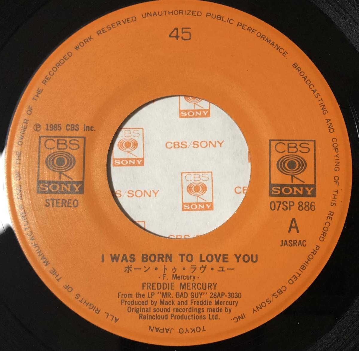 7inch【GLAM ROCK】Freddie Mercury / I Was Born To Love You【CBS/Sony 07SP 886・希少国内盤・Queen】_画像3