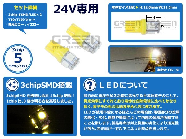 【メール便送料無料】 トラック バス デコトラ ダンプ用 LEDバルブ T10 5連 アンバー 橙 24V LED球 LEDライト カラーバルブ ウェッジ球_画像2