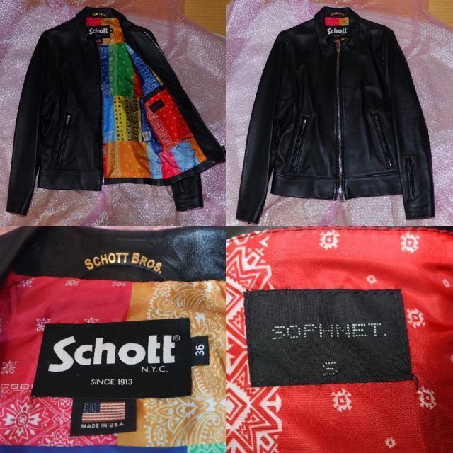 SOPHNET.SCHOTT レザーライダースジャケット36バンダナ柄裏地LEATHER