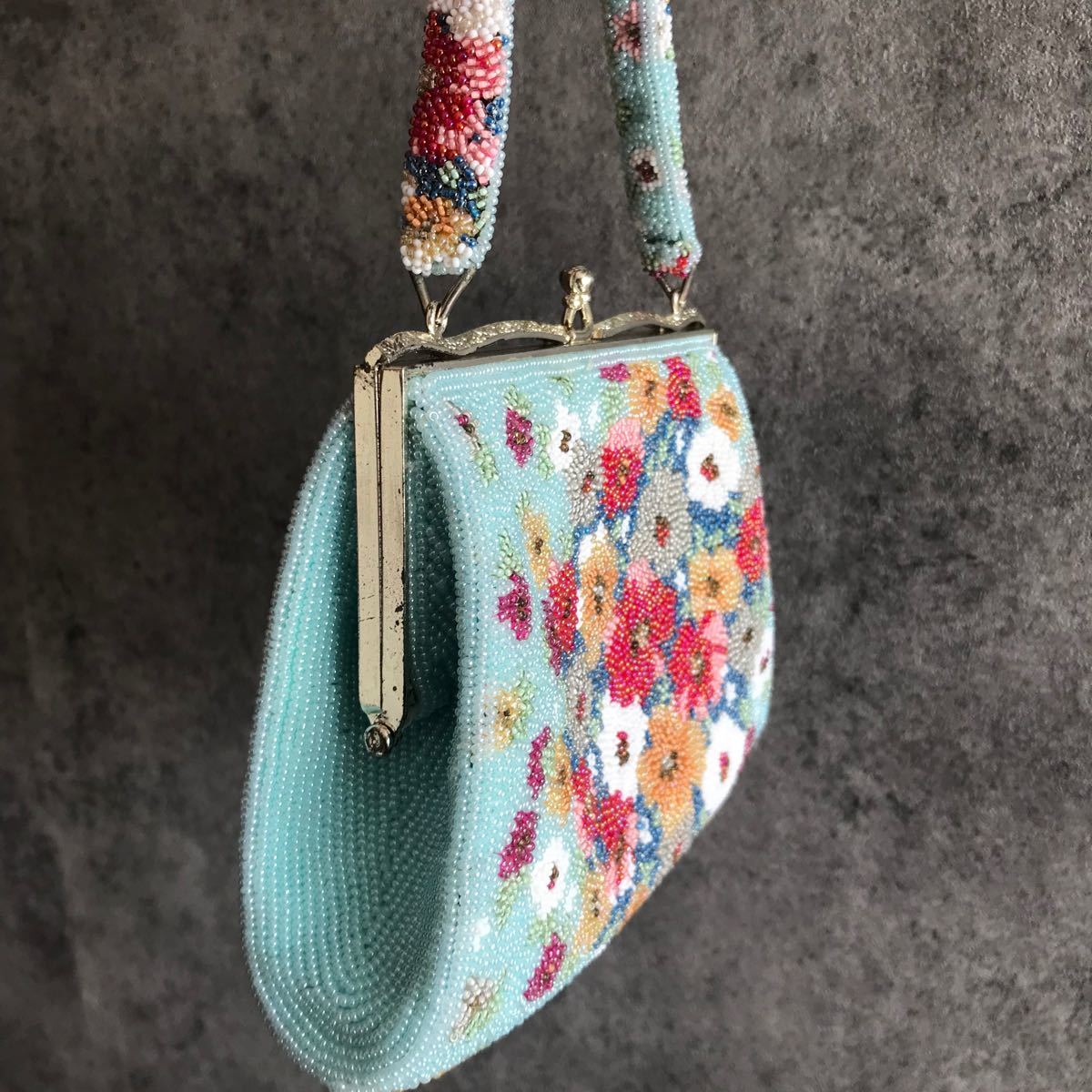 和装 ビーズ バッグ 水色×花 昭和 レトロ ヴィンテージ 小ぶり 和装 ビーズ バッグ 水色×花 昭和 レトロ ヴィンテージ 小ぶり