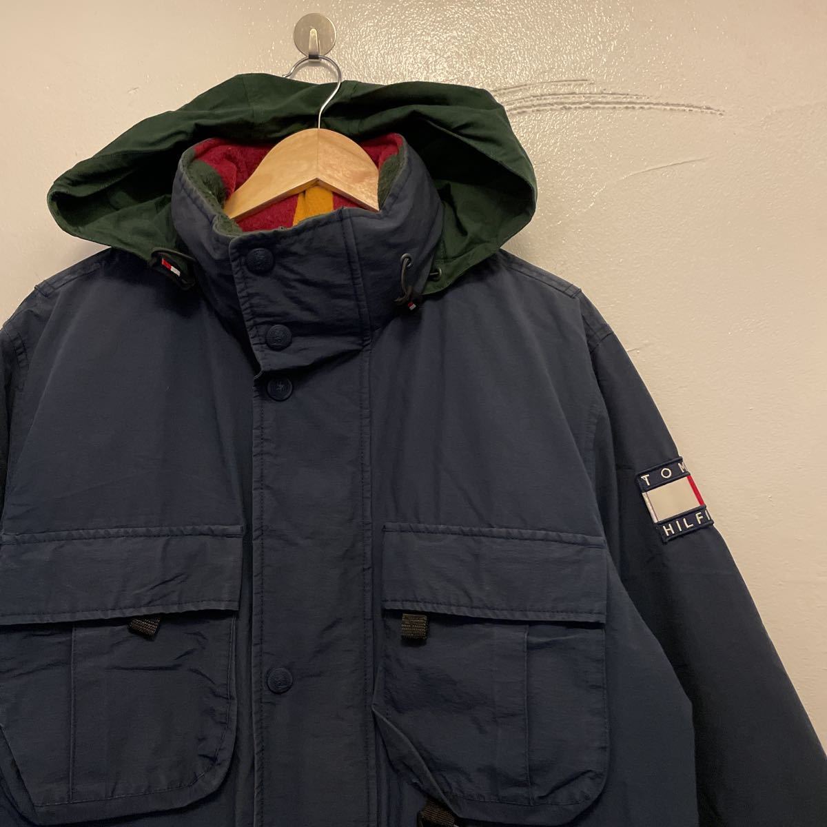 お気にいる】 TOMMY S/トミーヒルフィガー ネイビー フード収納可能 ダウンジャケット 90s HILFIGER ジャンパー、ブルゾン 