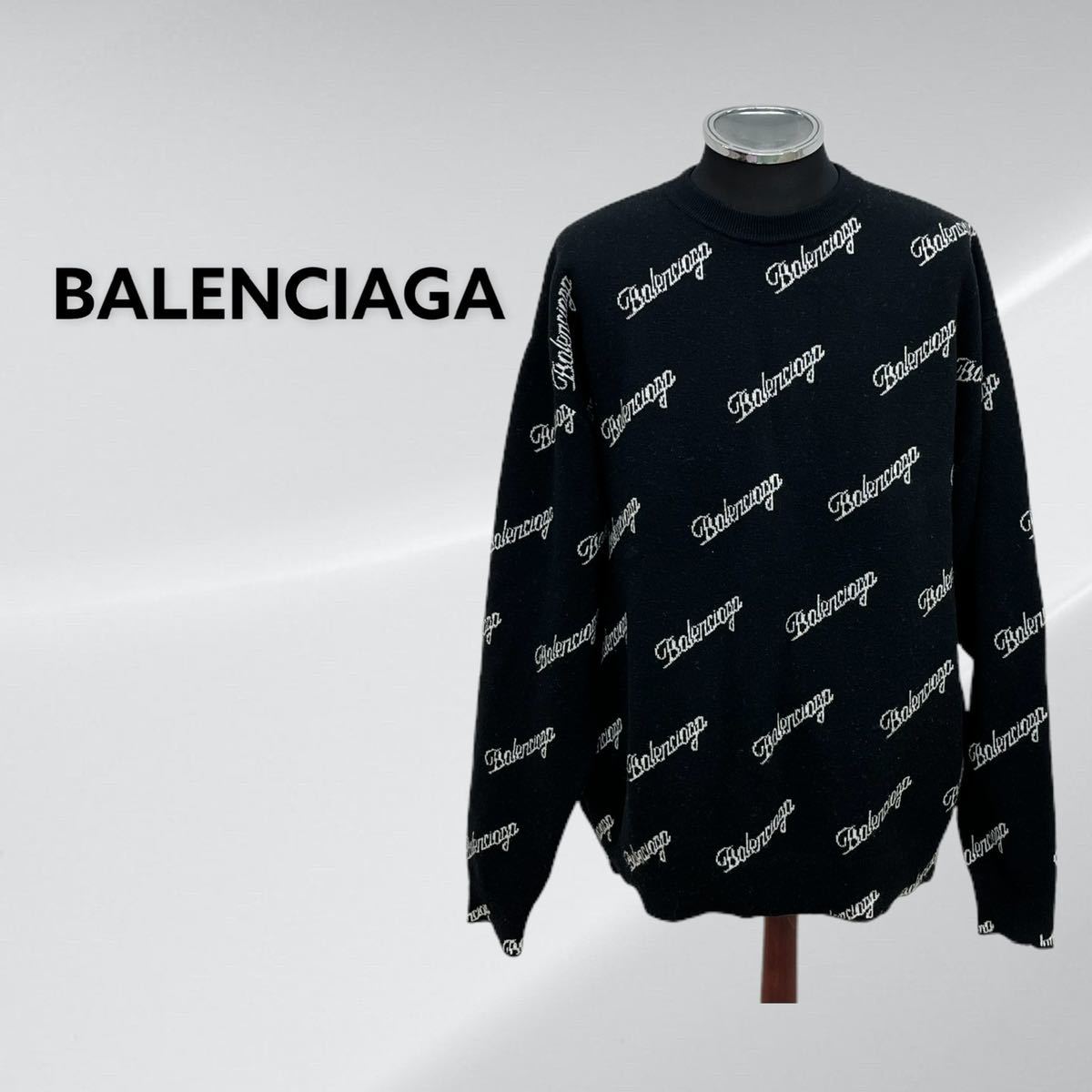 人気 BALENCIAGA バレンシアガ 21SS ALLOVER LOGO オールオーバー ロゴ 総柄 クルーネック ニット セーター 646493  T4112