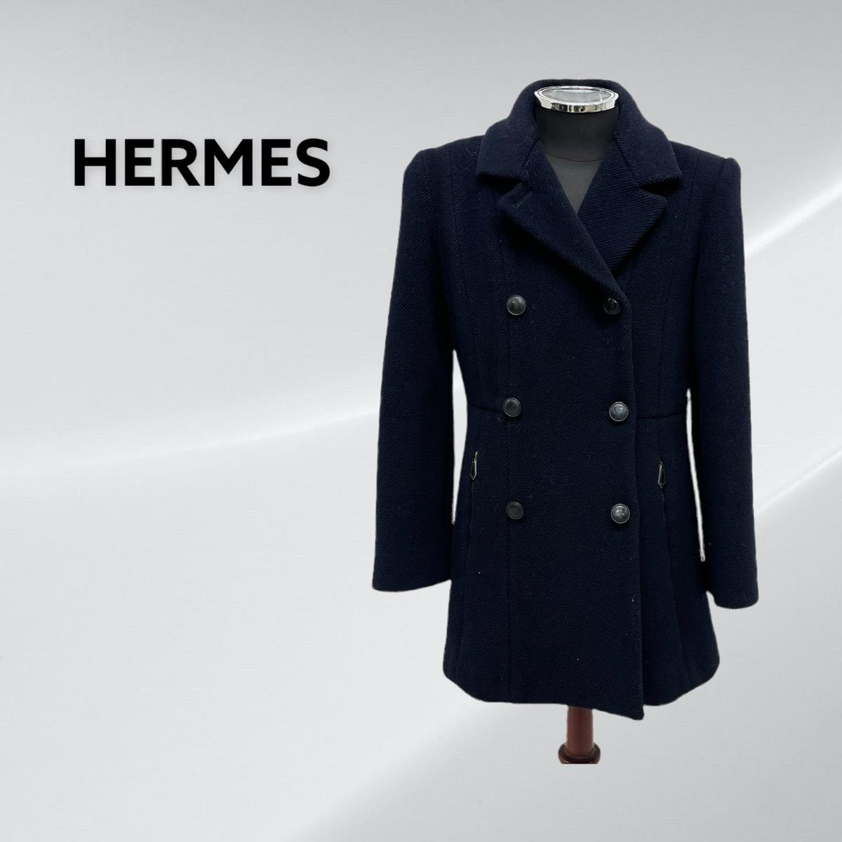 最新人気 ウール オールド ヴィンテージ Vintage エルメス HERMES 高級 Hロゴボタン レディース ダブルコート コート