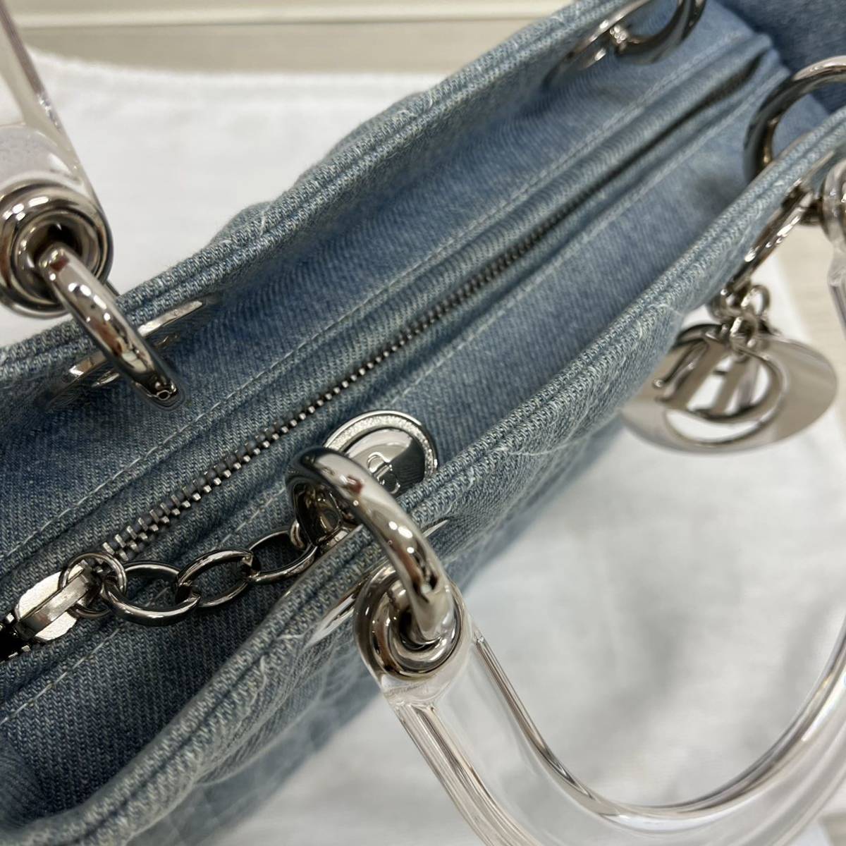 ギャラ付 Dior クリスチャン ディオール レディディオール カナージュ シルバー ロゴチャーム 2way クリアハンドル デニム ハンドバッグ