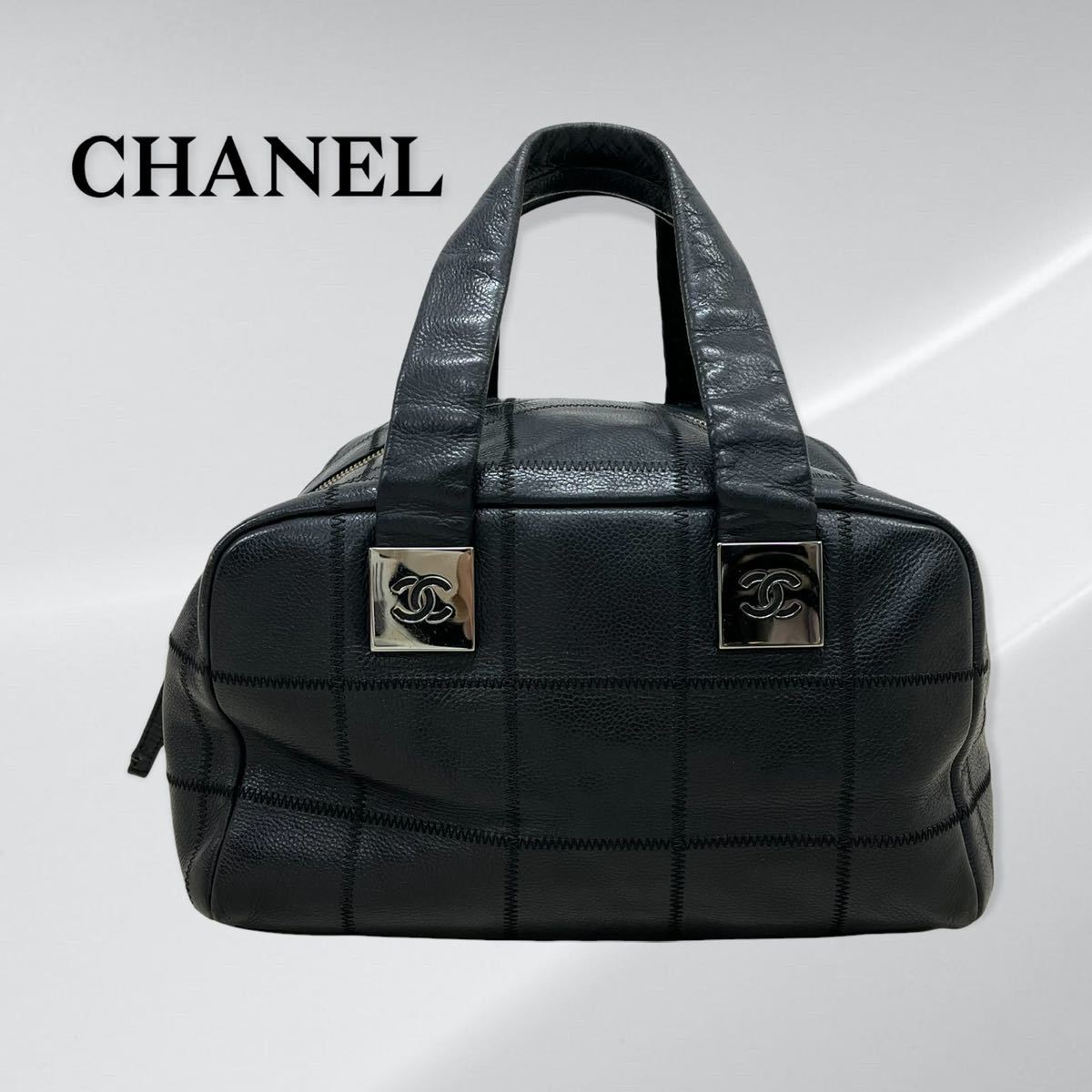 高級 CHANEL シャネル 8番台 ココマークロゴ 金具 ソフトキャビアスキン チョコバー ステッチ ミニボストンバッグ ハンドバッグ