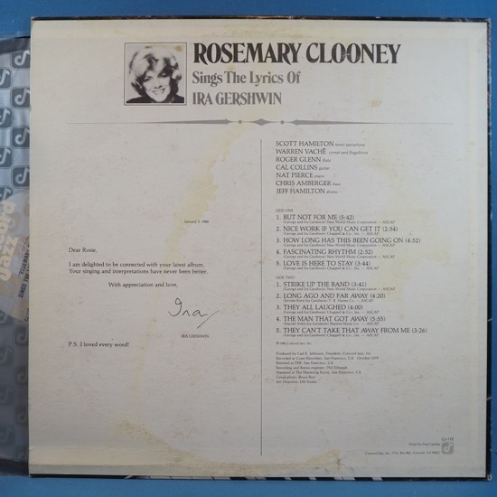 ■1980年! CKONCORD JAZZ! ★ROSEMARY CLOONEY/IRA GERSHWIN★送料無料(条件有り)３千枚＋出品中!★オリジ名盤■_画像2