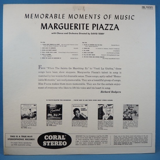 ■CORALレコ! ★MARGUERITE PIAZZA/MEMORABLE MOMENTS OF MUSIC★送料無料(条件有り)３千枚＋出品中!★オリジ名盤■_画像2