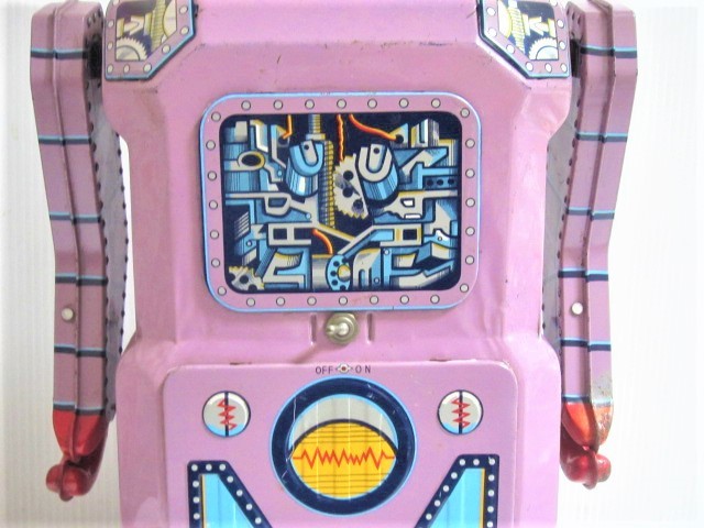 1950 period Masudaya made tin plate non Stop lavender robot electric mileage 