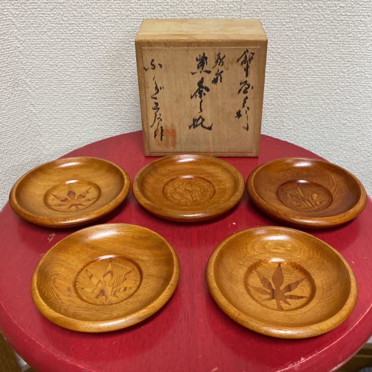 値下げ 稀 貴重 屋久杉 象嵌紅葉 煎茶茶托5枚組 桐箱入り ふくぎ工房作