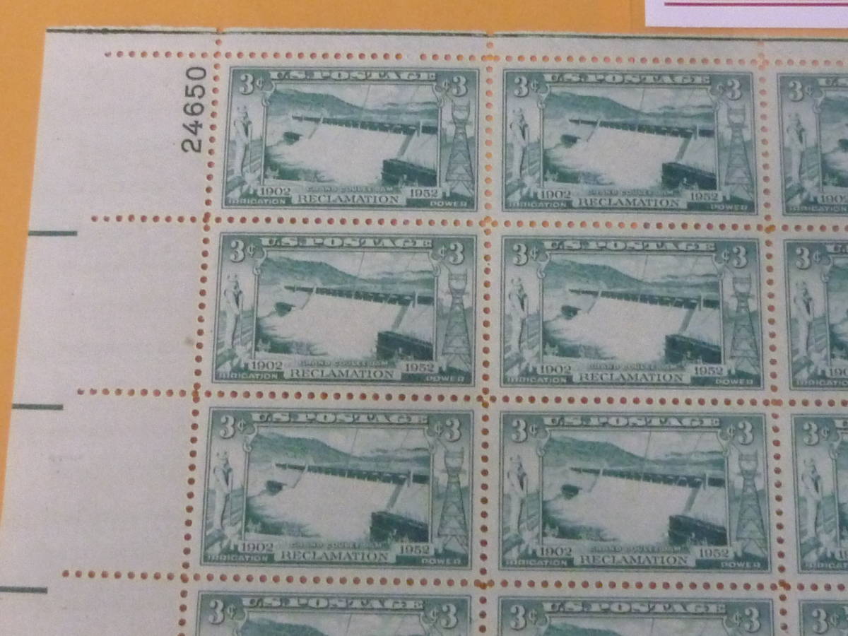 22　P　アメリカ切手　1952年　SC#1009　グランド・クーリー・ダム　3c　50面シート　未使用NH　_画像2