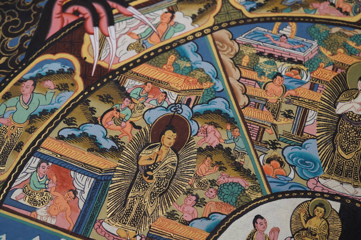 タンカ 六道輪廻図 絵サイズ約77×56cm 肉筆 細密画 チベット密教 仏教美術 仏画 曼荼羅中国古美術 布本 手彩色_画像6