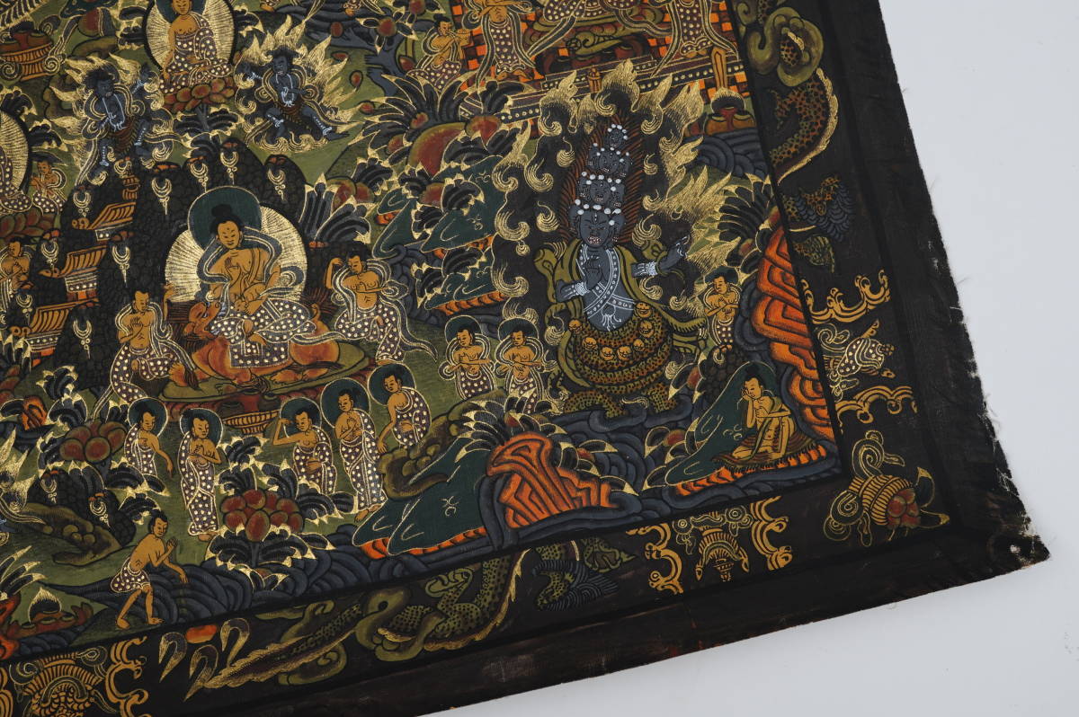 タンカ 釈迦陀如来曼荼羅 絵サイズ約78×59cm 肉筆 細密画 チベット密教 仏教美術 仏画 曼荼羅中国古美術 布本 手彩色_画像7
