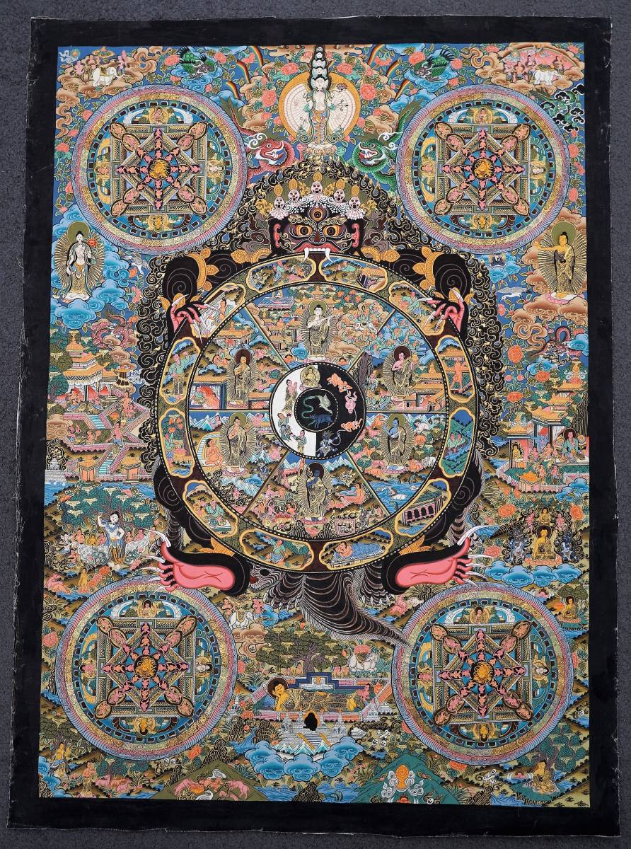 タンカ 六道輪廻図 絵サイズ約77×56cm 肉筆 細密画 チベット密教 仏教 