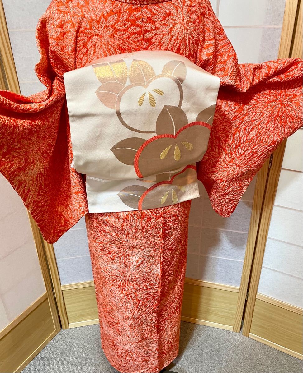 休日限定 振袖 総絞り 菊 唐花 下がり藤 オレンジ 正絹 着物 袷 極美品