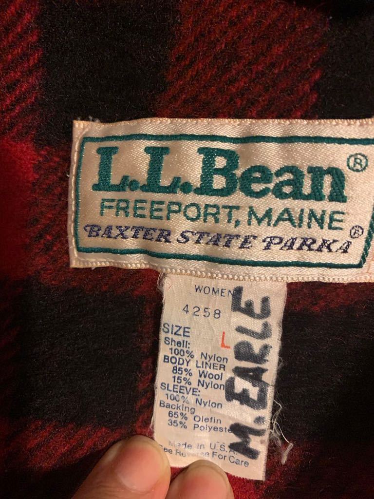 【L.L.Bean】エルエルビーン BAXTER STATE PARKA マウンテンパーカー 赤 ウール チェック USA製 レディースL バッファローチェック80s 古着_画像4
