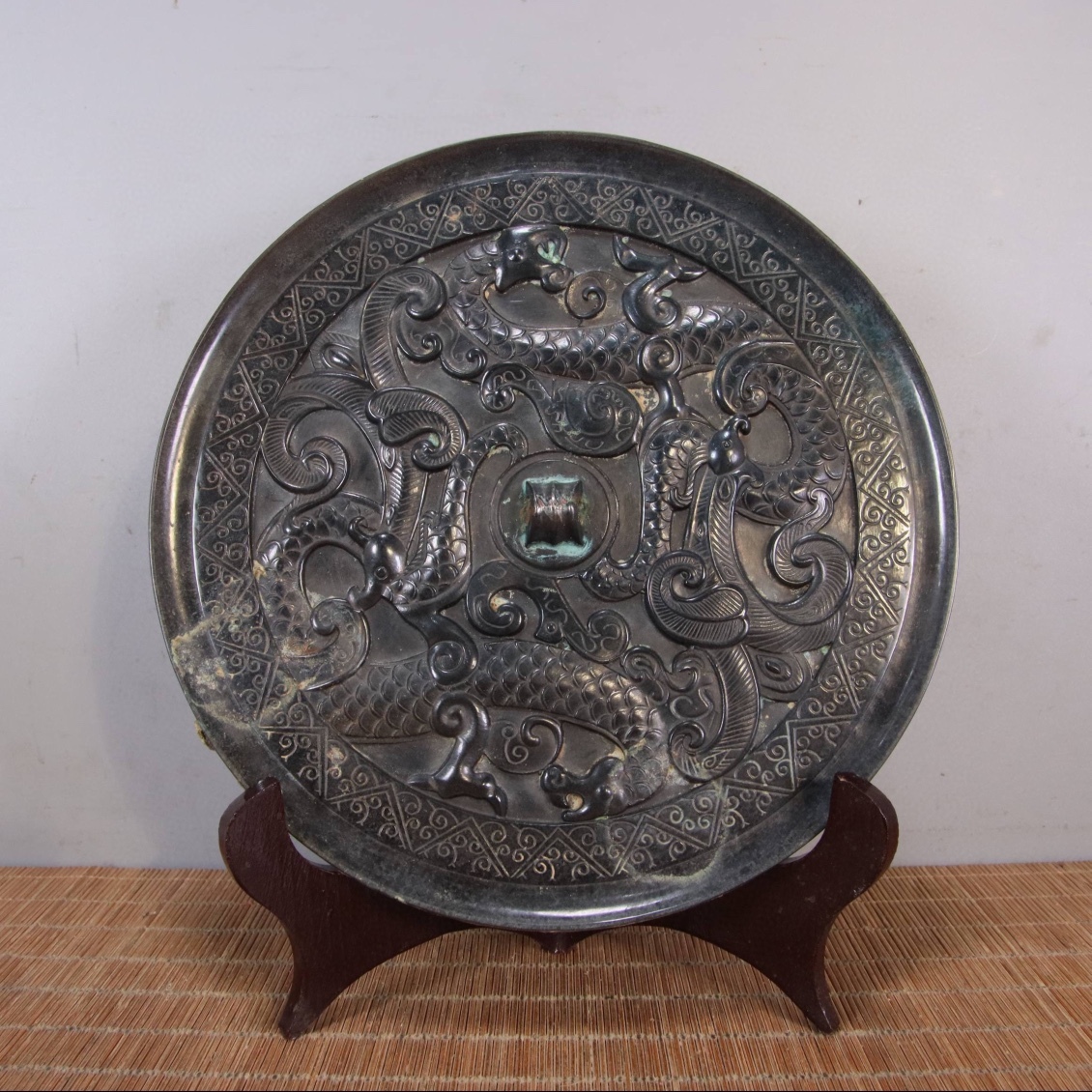 【典藏*青銅製 青銅器*雙龍鏡】鏡 古鏡 超美品 中国古美術