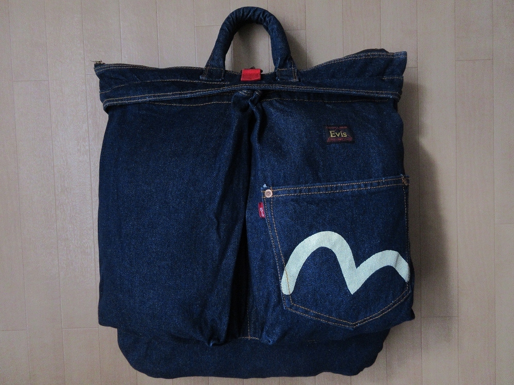 90's 日本製 EVISU 初期 EVIS 片面 赤タブ ハウスマーク デニム ヘルメット バッグ インディゴ エヴィス ジーンズ エビス 鞄 レプリカ 復刻_EVISU 初期・デニム・ヘルメットバッグ前面