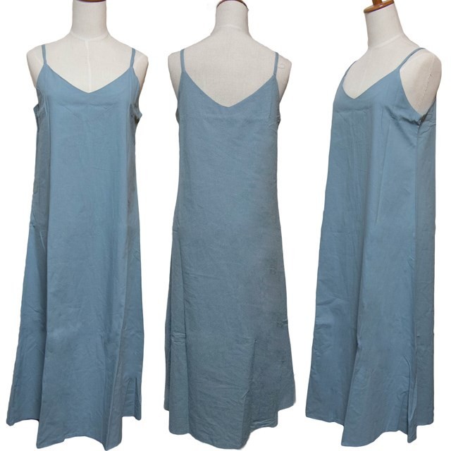 [ブルー] レディース リネン ロング キャミ ワンピース ノースリーブ 無地 カジュアル ゆったり 体型カバー 春夏秋 ドレス