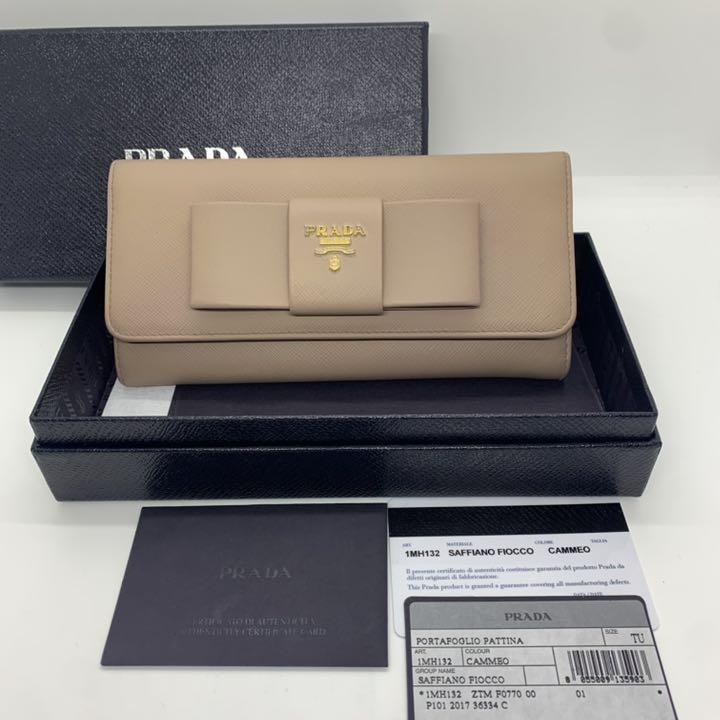 美品】PRADA サフィアーノ リボン カメオ ベージュ 箱付き cnema.fr