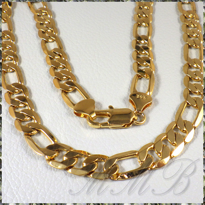 [NECKLACE] 24K GOLD PLATED FIGARO CHAIN MATINEE LONG LENGTH 6 surface cut Figaro chain Gold necklace 8x660mm 40g[ free shipping ]