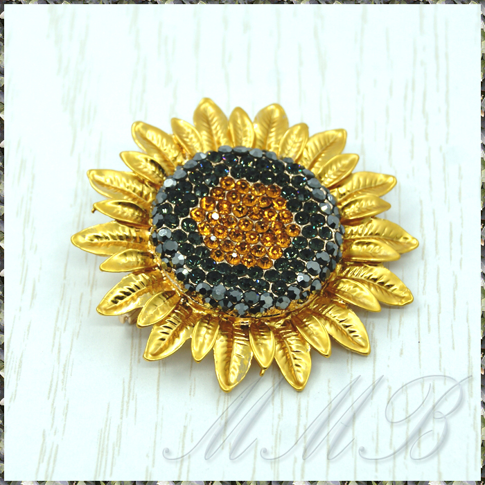 [BROOCH] Gold Sunflower Himawari イエロー ゴールド ビューティフル 向日葵 (ひまわり) オレンジ&ブラック クリスタルCz ブローチの画像1