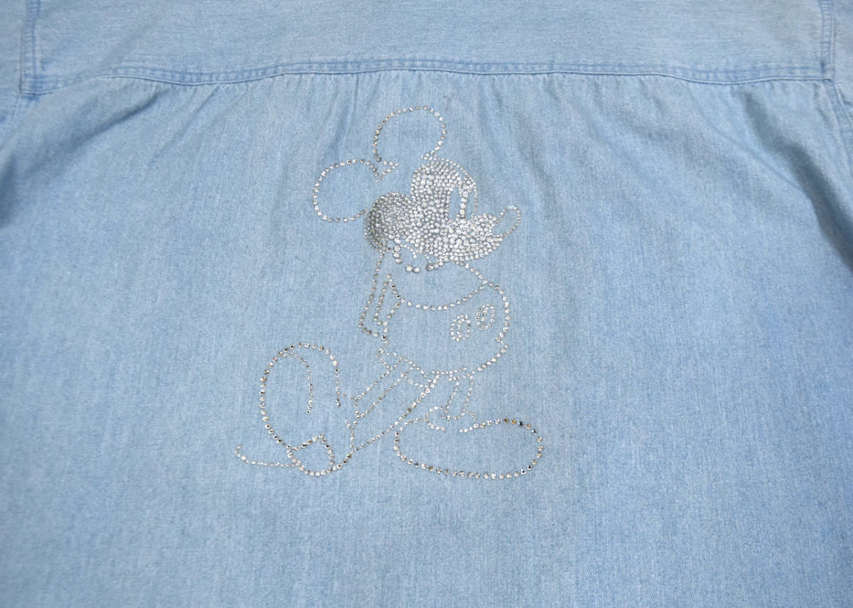 レア 1990s Disney Rhinestone denim shirts XL Ice blue オールドディズニー ラインストーン デニムシャツ 長袖 ミッキー アイスブルー_画像6