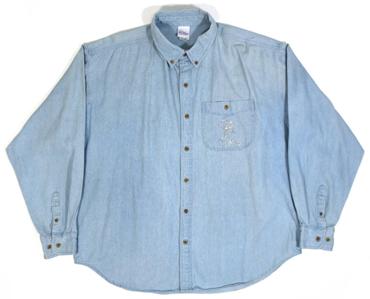 レア 1990s Disney Rhinestone denim shirts XL Ice blue オールドディズニー ラインストーン デニムシャツ 長袖 ミッキー アイスブルー_画像1