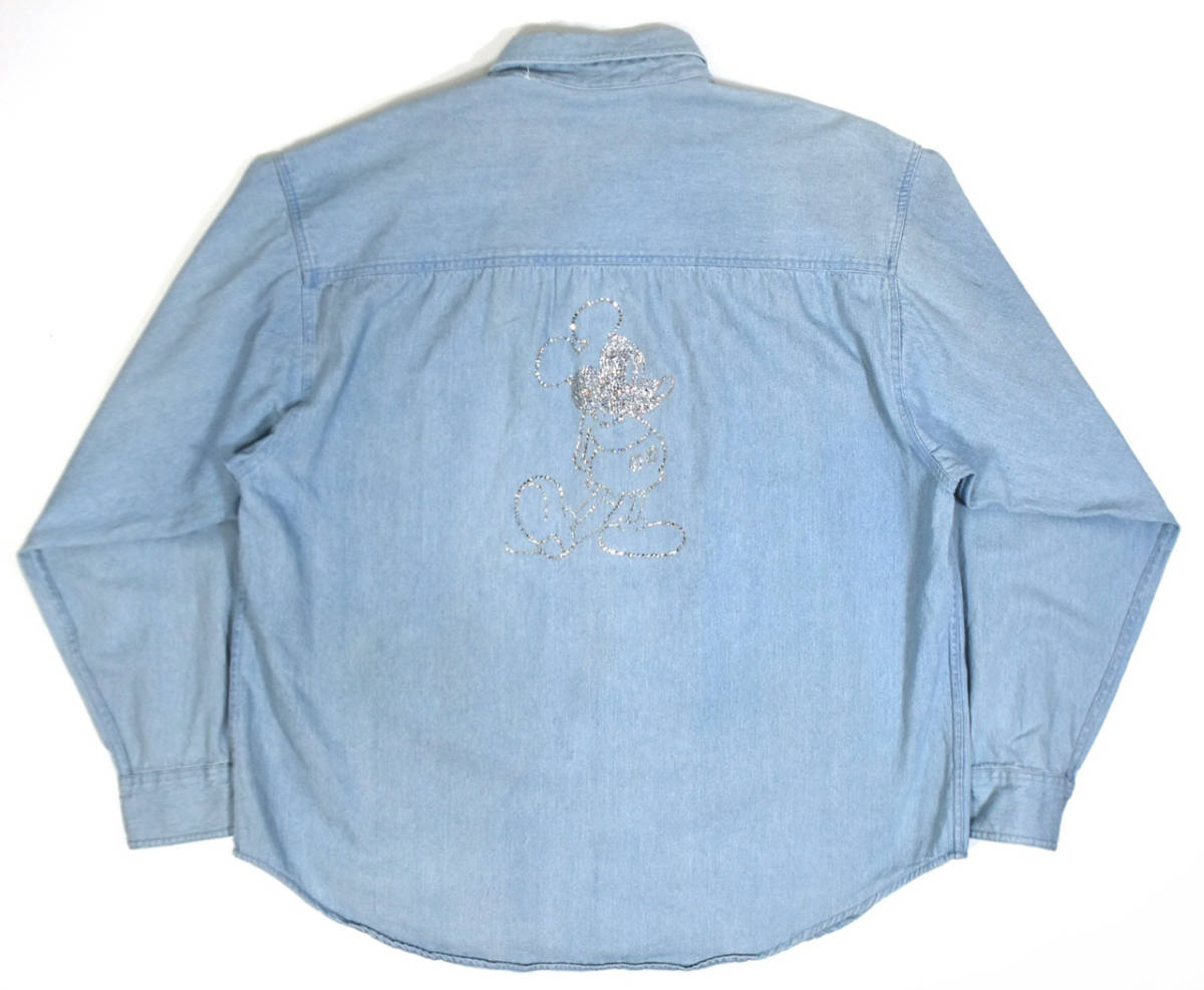 レア 1990s Disney Rhinestone denim shirts XL Ice blue オールドディズニー ラインストーン デニムシャツ 長袖 ミッキー アイスブルー_画像2