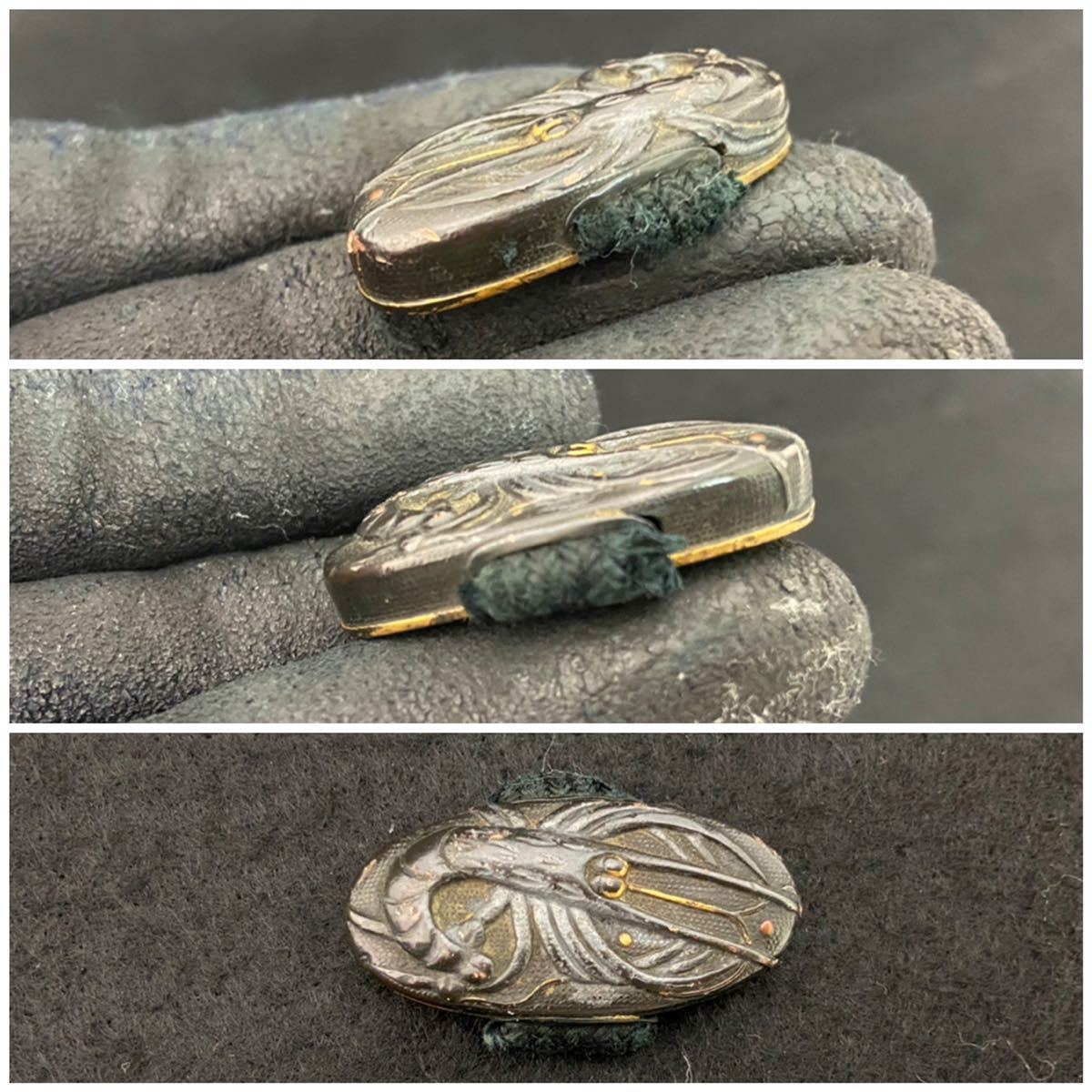 A-0273【日本刀装具 刀鍔 縁頭 柄 鮫皮 馬の装飾 海老の装飾