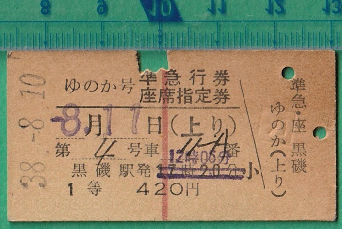 鉄道硬券切符242■ゆのか号 準急行券/座席指定券 黒磯駅発 1等 420円 38-8.10_画像1