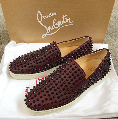 ◆Christian Louboutin 極美品 ROLLER-BOAT FLAT CALF/GG/SPIKES LIE DE VIN-42 クリスチャンルブタン ローラーボート スパイク スニーカー_画像1