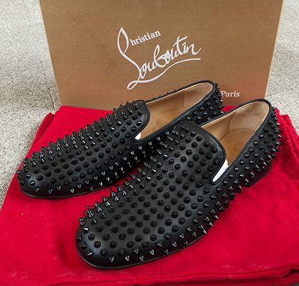 ◆Christian Louboutin 極美品 ROLLERBOY SPIKES FLAT NAPPA/GROSGRAIN BLACK/BLACK-42 クリスチャン・ルブタン ローラーボーイ スパイク