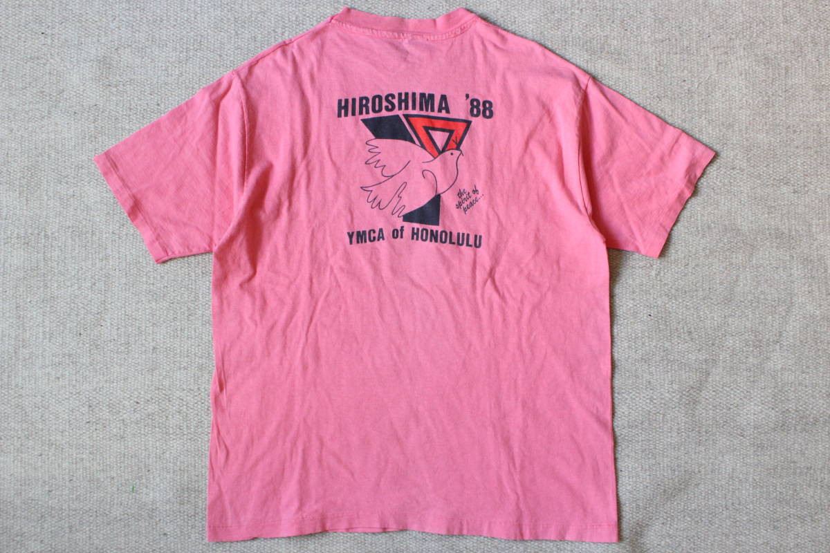早割クーポン！ アート 鳩 Tシャツ YMCAヴィンテージ ホノルル ハワイ 平和 広島 1988年 ピース ピンク ピジョン レア アメリカ古着L-XL Honolulu Hawaii 文字、ロゴ