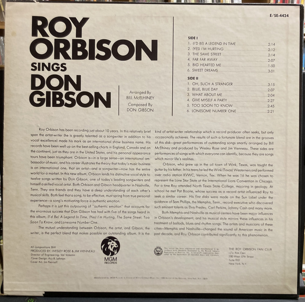 ROY ORBISON／SINGS DON GIBSON 【中古LPレコード】 ロイ・オービソン US盤 E-4424 MONO_画像2